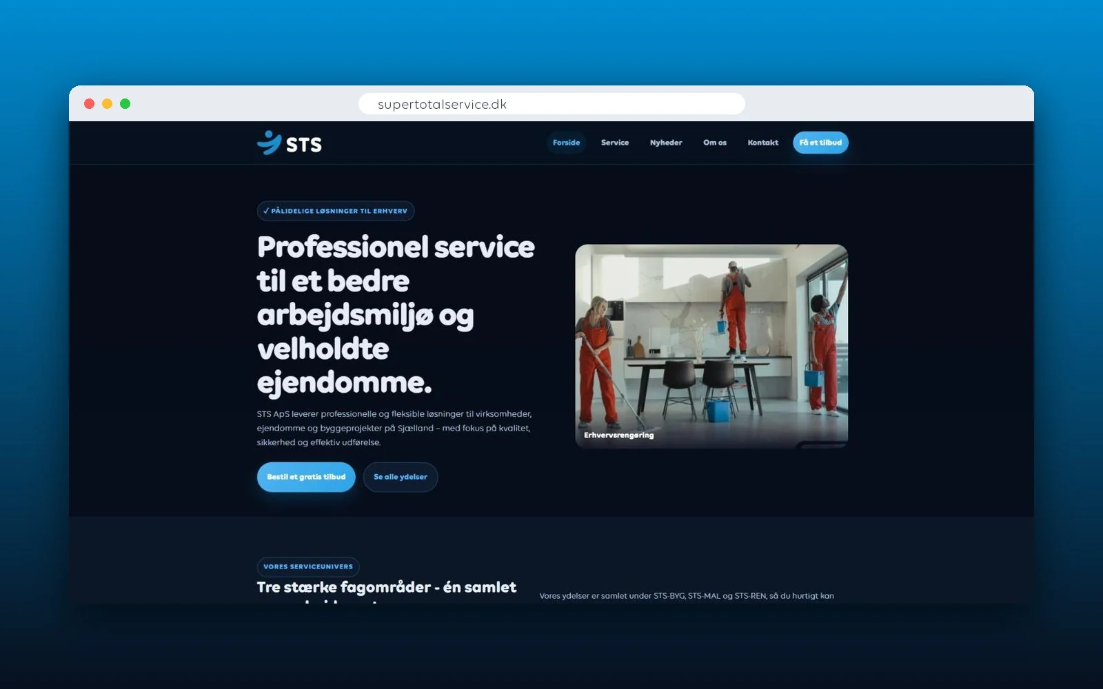 Forsiden af STS ApS’ nye hjemmeside supertotalservice.dk